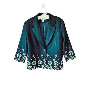 JM Collection Women’s 100% Linen Black White Jacket Floral Embroidered Size 12